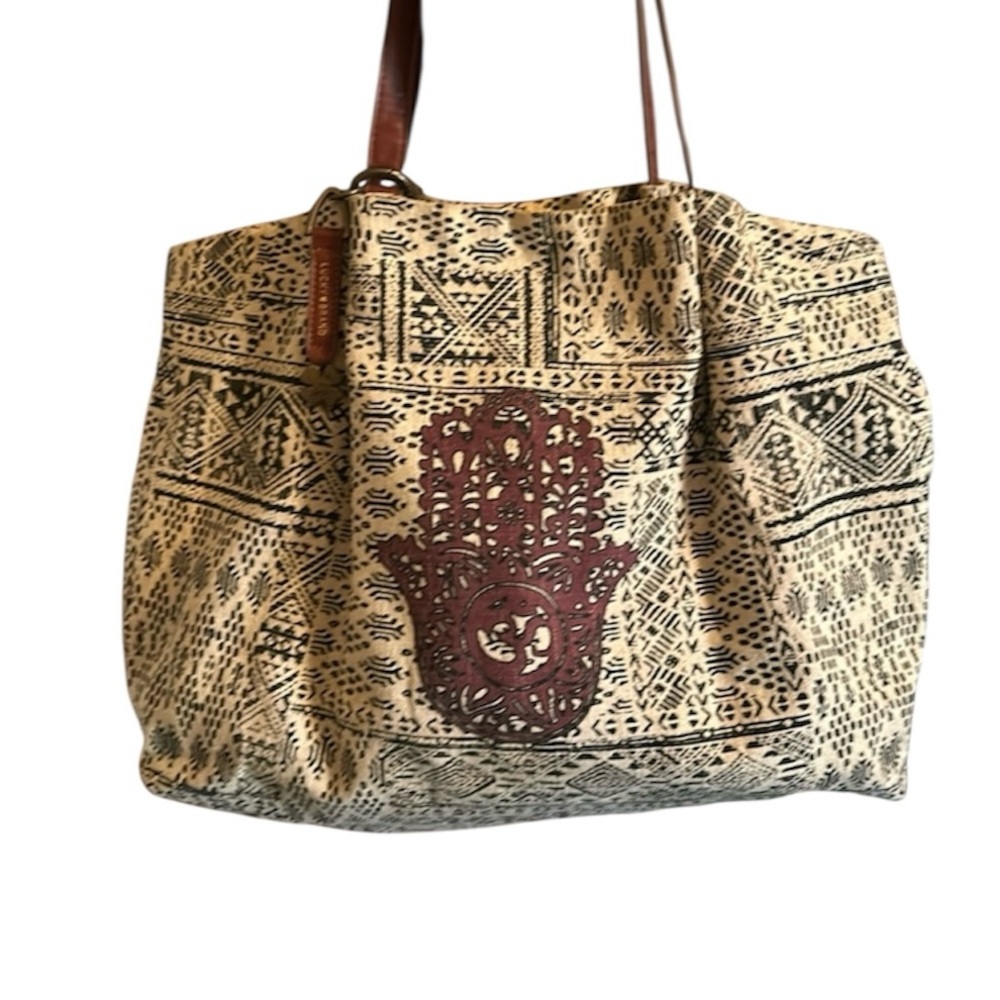 Lucky Brand Vintage Cotton & Linen Blend Tote Bag w Leather straps